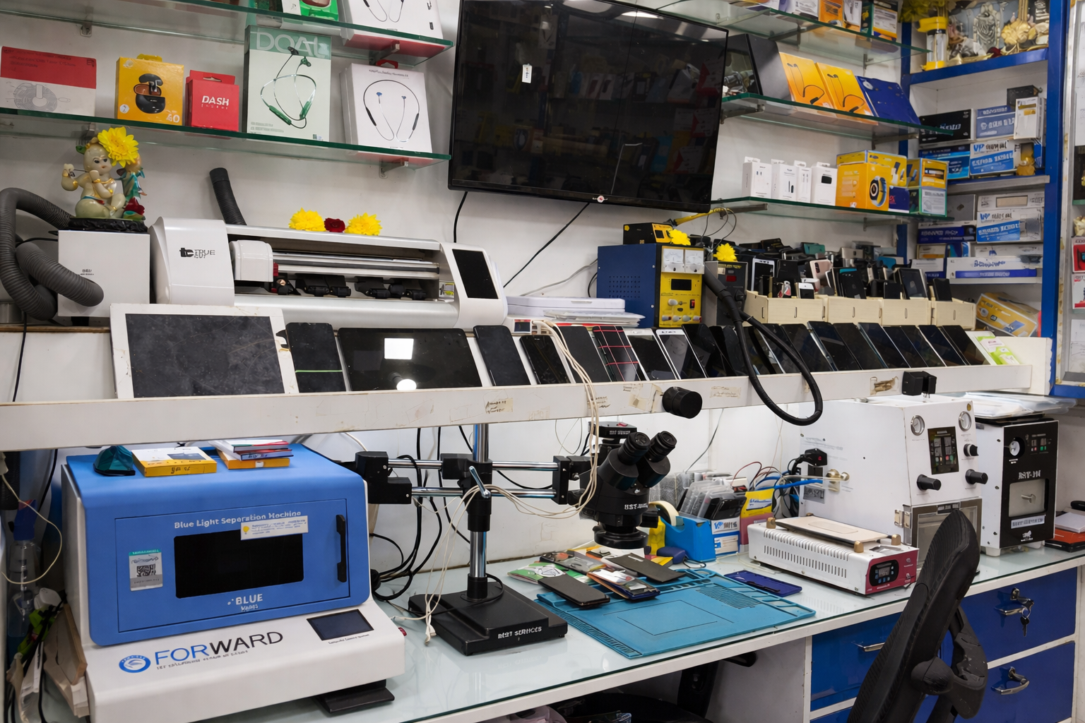 Technician repairing a mobile phone