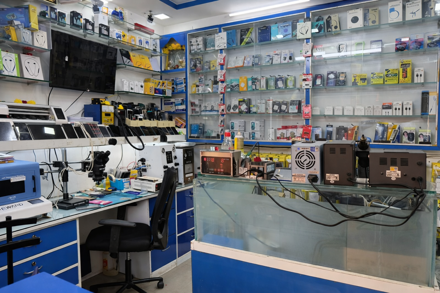 Repair counter and tools inside shop